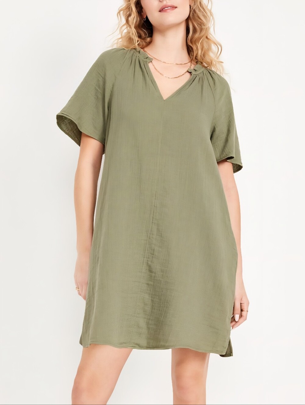 XS 100% Cotton Green Boho Split-Neck Crinkle Gauze Mini Swing Dress